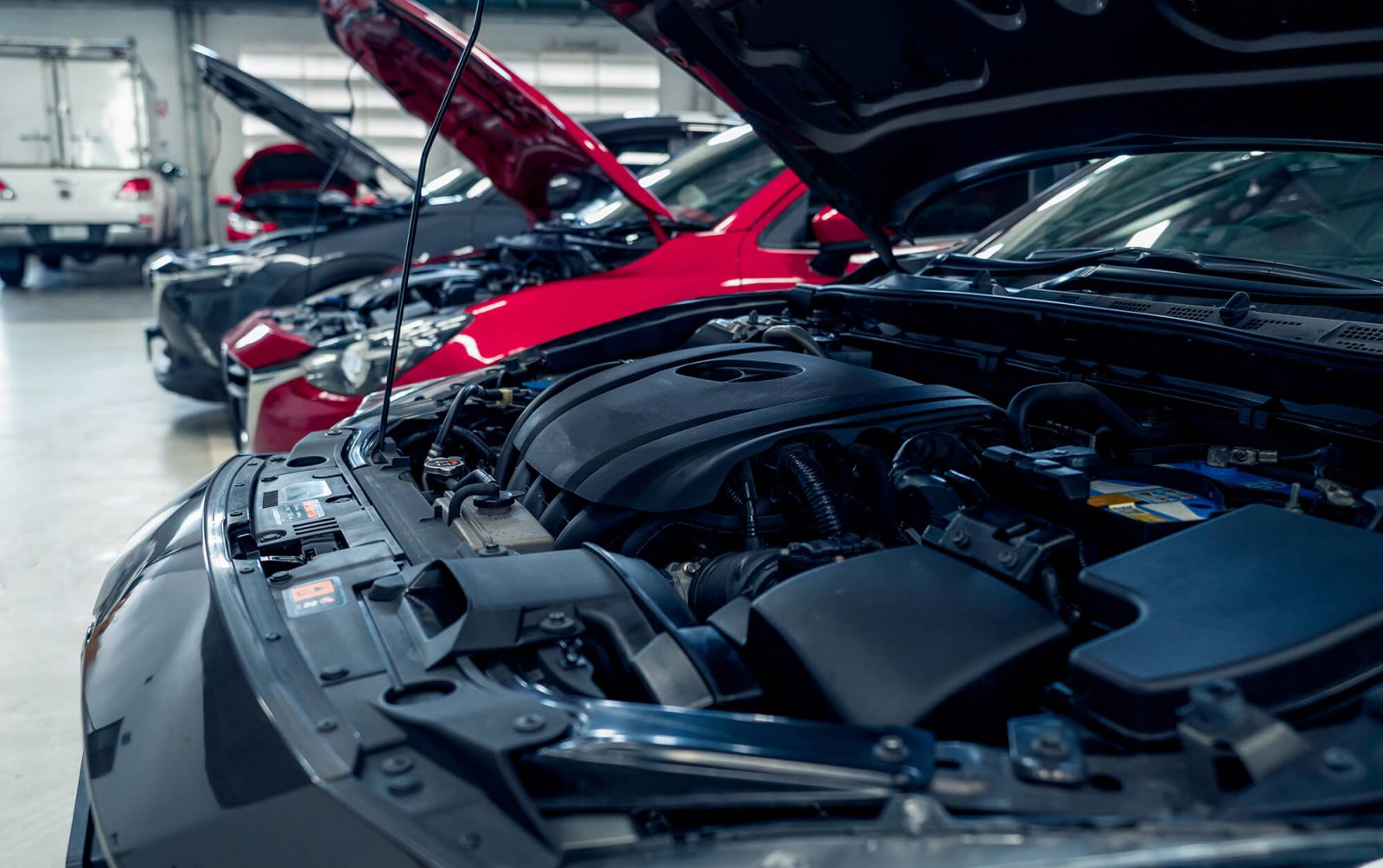 Cars open bonnet parked in garage for repair and maintenance service.