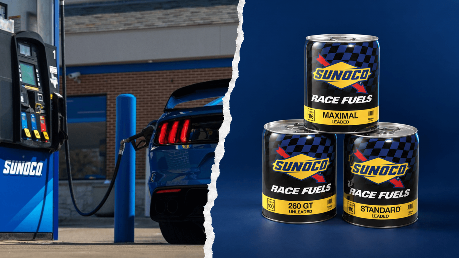 Split image of Sunoco gas stations and Race Fuels cans