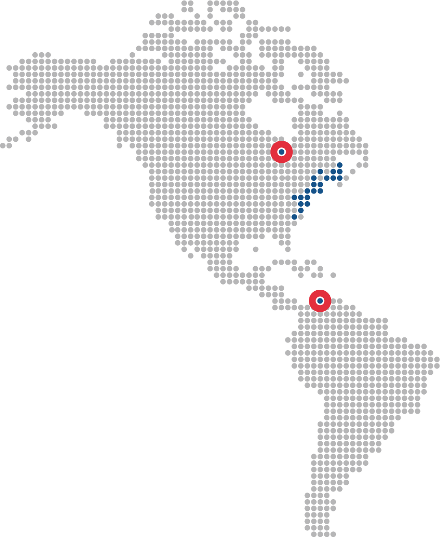 A map of North America showcasing Sunoco locations in the 1950s, starting on the east coast and then expanding to Canada and Venezuela